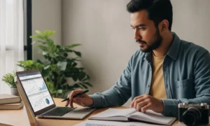 ilustrasi perencanaan keuangan untuk freelancer dengan laptop dan catatan budgeting
