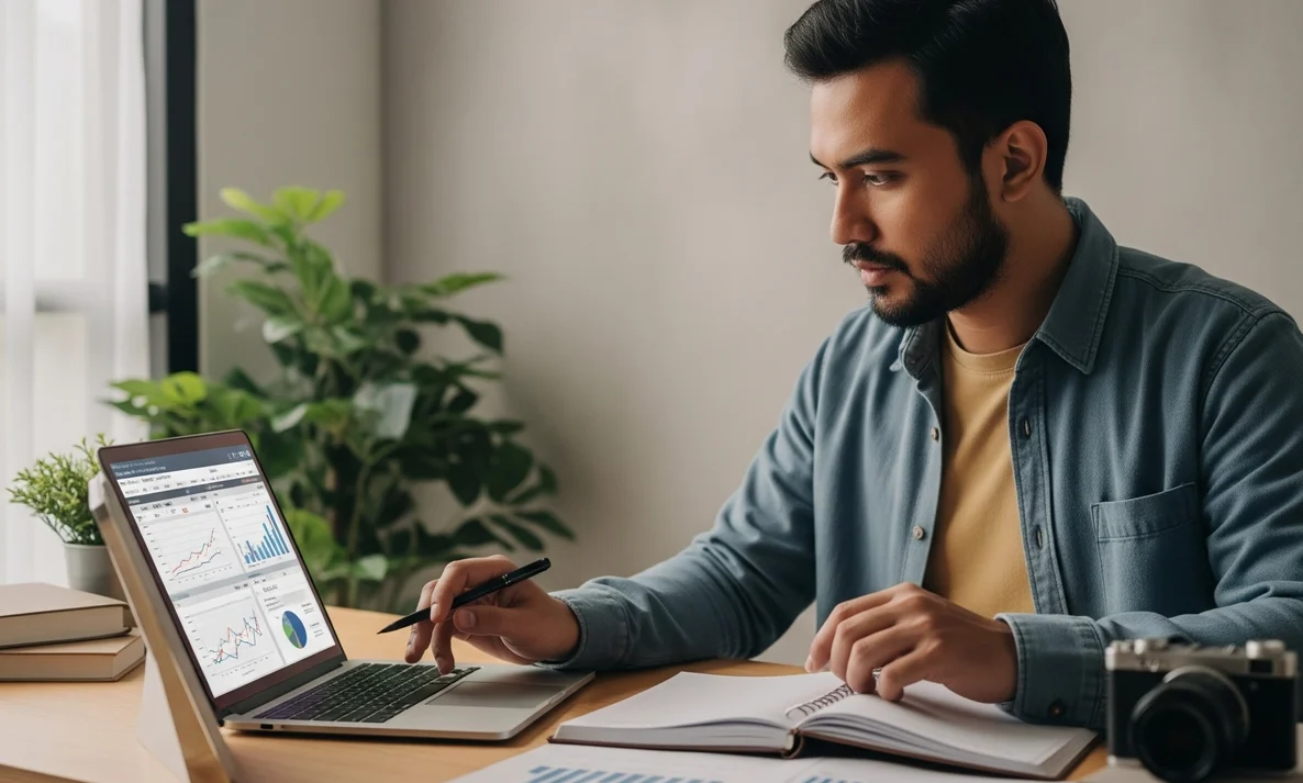 ilustrasi perencanaan keuangan untuk freelancer dengan laptop dan catatan budgeting